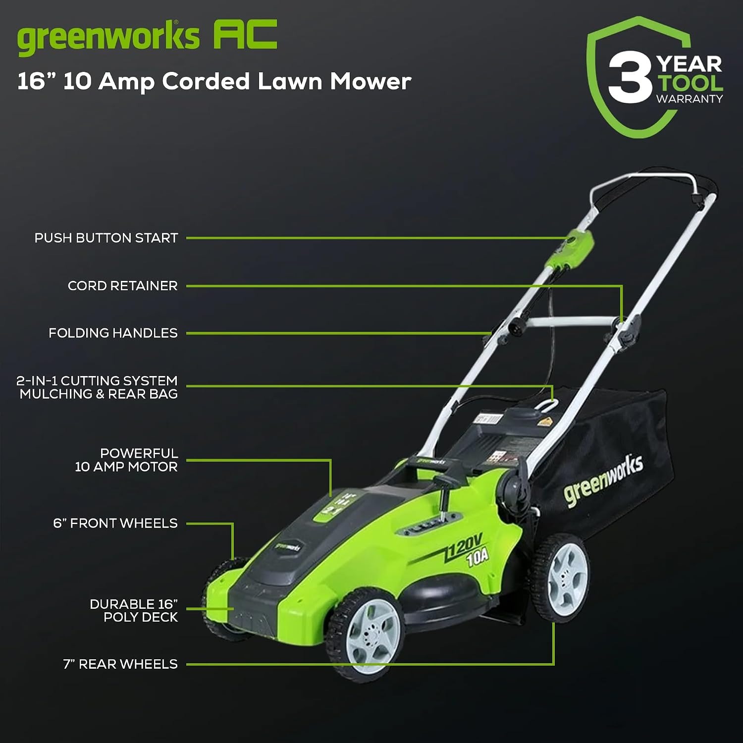 Greenworks 25142 16 Inch Corded Lawn Mower, detail view
