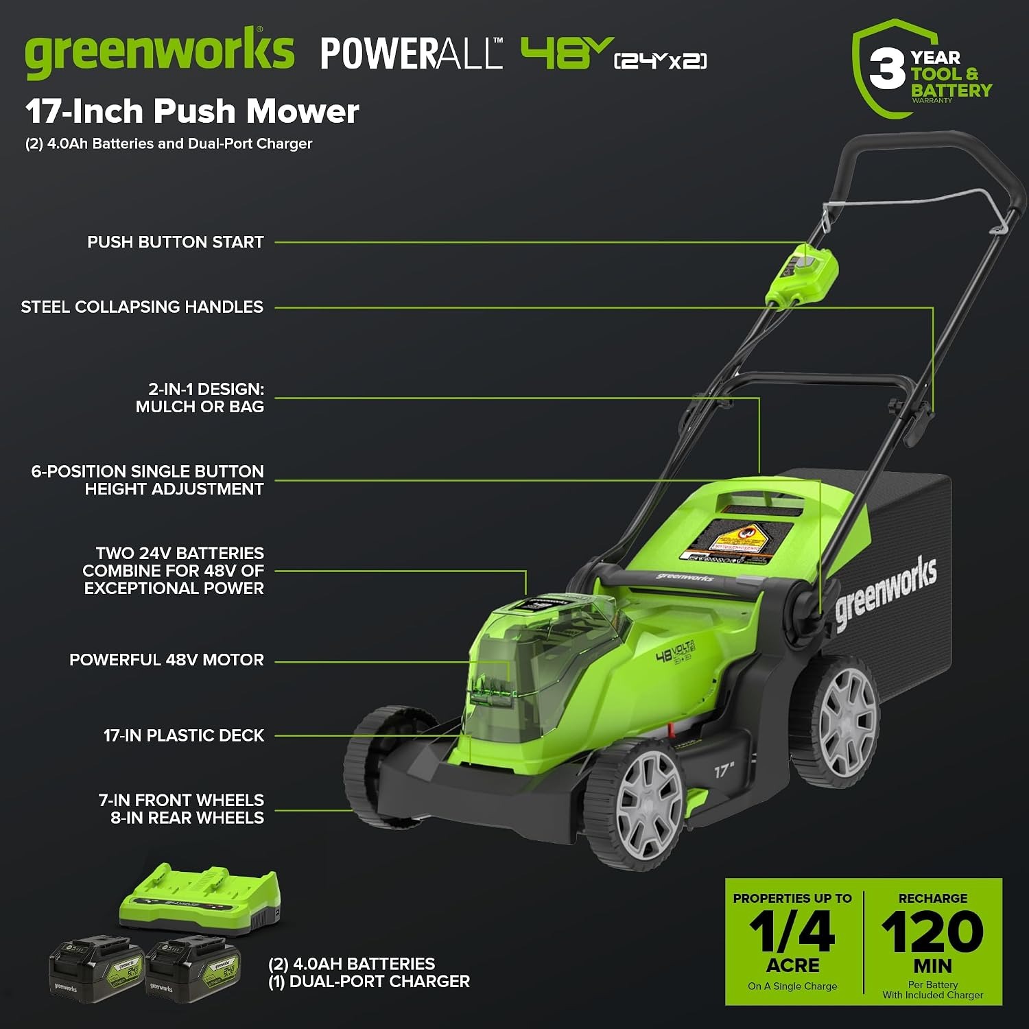 Greenworks 48V 17 Inch Cordless Push Mower Kit