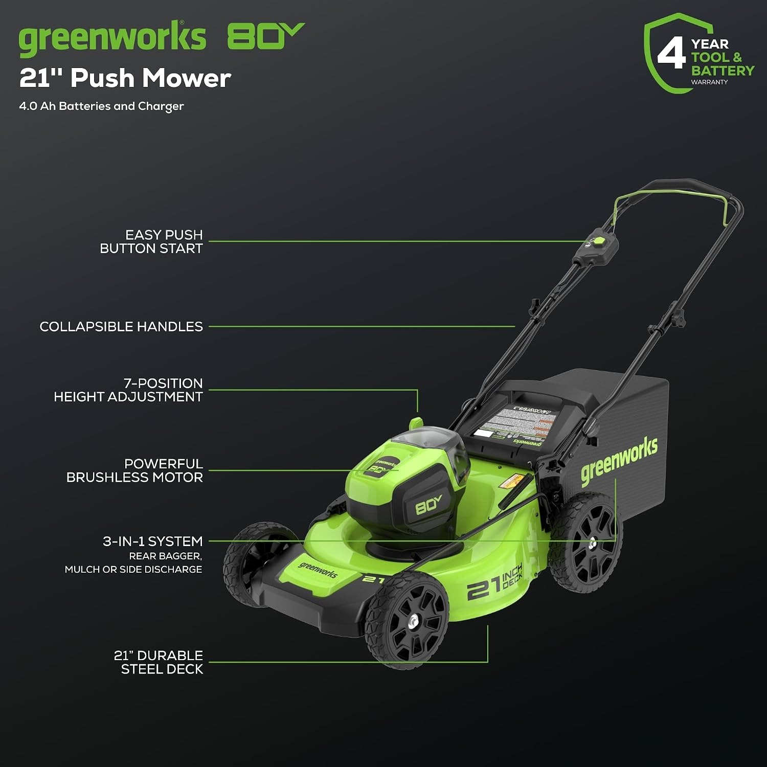 Greenworks 80V 21-Inch Cordless Push Mower Kit: image 3